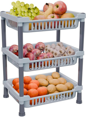 Quickmart 3 layer kitchen trolly Grey Plastic Fruit & Vegetable Basket(Grey)