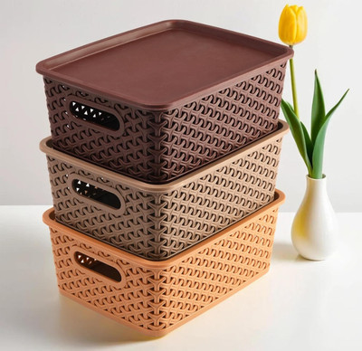 easypocket Plastic easypocket Multipurpose Plastic Storage Baskets with Lid – Set of 3 Storage Basket(Pack of 3)