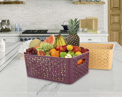 DELMON Plastic Multipurpose storage basket with lid and handle, 3 Pice Lid Basket set Storage Basket(Pack of 3)