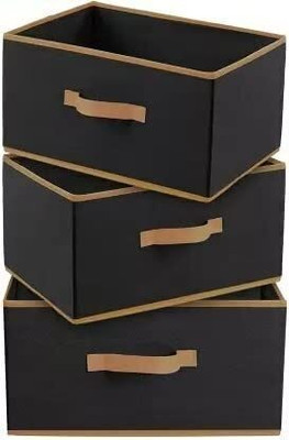 Mteaser Multipurpose Rectangular Foldable Cloth Organizer| Durable Handle (Set of 3), Storage Box(Black)