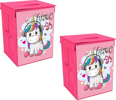 PrettyKrafts Toys Organizer Storage Box with Top Lid for Baby Boy's and Baby Girl's (Pack of 2) Unicorn Print Storage Box(Pink)
