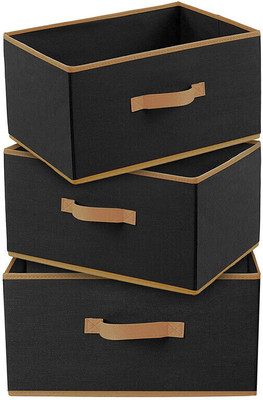 Mteaser Multipurpose Rectangular Organizer with Side Handle for Toys & Cloths Set of 3 Storage Box(Black)