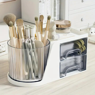 AshandRoh Makeup Organizer with Drawers, Desktop Stationery Storage Box with Rotating Multifunctional Desk Accessories Tidy Caddy for Dresser Table Vanity Box(White)