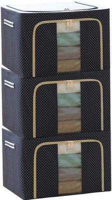 NESTIFY Storage Box For Clothes PACK OF 3 Wardrobe Clothes Organizer 66 Liter Foldable Steel Frame Clothes Organizer Cloth Storage Box Organizer Box With Zipper,Clear Window and Handle Saree Cover Bag Clothes Storage Organizer(Blue)