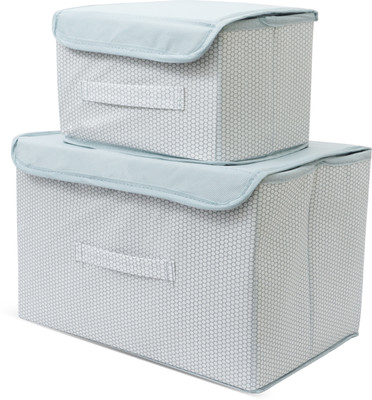 Mteaser Multipurpose Foldable Small & Large Drawer Rectangular Storage Box with Lid and Side Handle Closet Organizer for Clothes Pack of 2,(Grey)