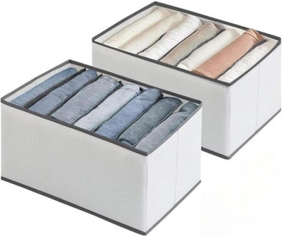 RooCraft 7 Grid Foldable Fabric Drawer Organizer Box for Clothes, T-Shirts, Sarees, Jeans, Towels | Open Compartment Closet Storage Bin with Partition Non Woven Wardrobe Storage Solution for Home & Office Pack of 2(Light Grey)