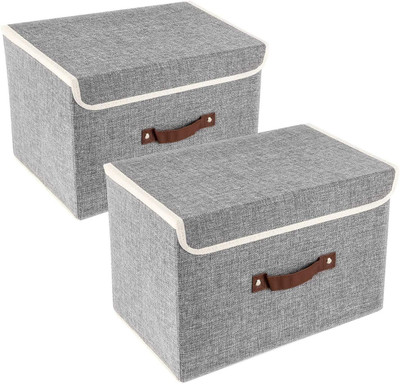 QUAIL Set of 2 Non Woven Jute Print Large Storage Box with Lid & Handle for Toys,Cloth Storage Box(Grey)