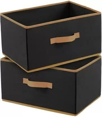 Mteaser Multipurpose Rectangular Foldable Cloth Organizer| Durable Handle (Set of 2), Storage Box(Black)