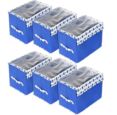 GharOrganizer Foldable Wardrobe Cloth Storage Box with Transparent Window Strong Handles 6 PC Storage Box(Blue)