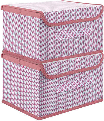 QUAIL Non Woven Zig Zag Large Storage Box With Lid & Handle Closet Organizer Set of 2 Storage Box(Pink)
