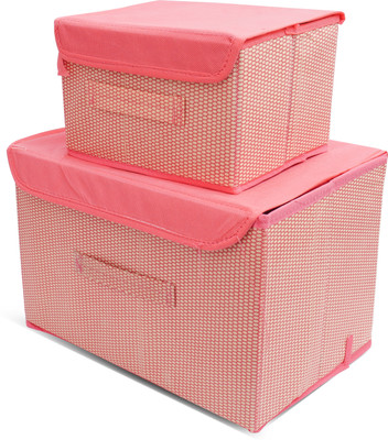 Mteaser Foldable Drawer Rectangular Storage Basket with Lid & Handle Closet Organizer Storage Box(Pink)