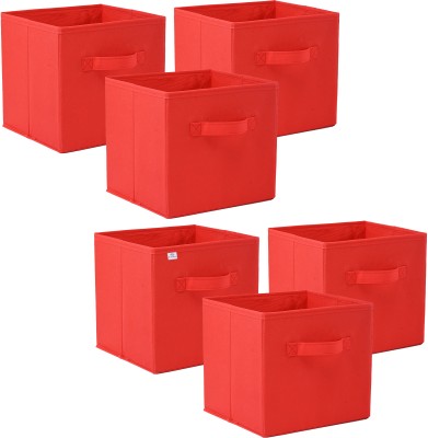 Heart Home (Pack of 6) Plain Square Foldable Toy & Book Storage Box (11 Inch) Red Storage Box(Red)