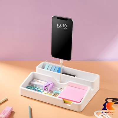 GENZ 4 Compartments ABS Plastic Desk organiser for mobile phone ipad and pen stationery(White)