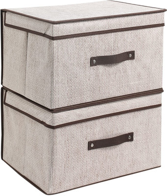 QUAIL Pack of 2 Non Woven Jute Printed Storage Box with Lid & Handle for Toys, Clothes Storage Box(Brown)