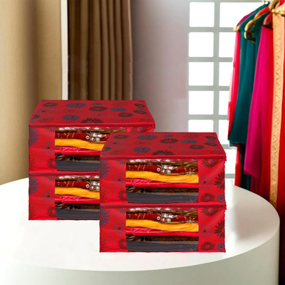 AARON INC High Quality Large Saree Cover With Double Zipper | Wardrobe Bag | Saree Cover Closet Organizer / Saree Bags For Wardrobe Organizer Clothes Premium Clothes Cover (Wedding Collection Gift) Garment Cover Pack of 4 AR_SC_Large_95123747298(Red)