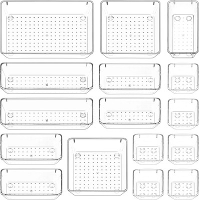 JD FRESH 16 Compartments plastic 16 PC Drawer Storage Organizer Makeup Organizer Desk Drawer Divider Organizer(Full Transparent)