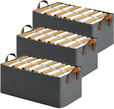 Rack And Sell Wardrobe Organizer 3 PCS with Metal Frame | Storage Baskets for Clothes FOR JEANS | SHIRTS | T-SHIRTS | MADE UP OF LINEN FABRIC(Grey)
