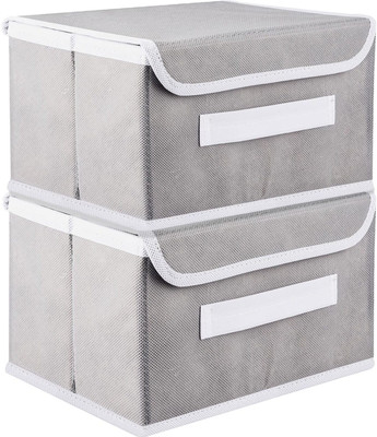 Mteaser Non Woven Multipurpose Foldable and Collapsible Storage Box Wardrobe Closet Organizer Stackable Basket/Bins with Lid Handle for Clothes | Toys | Books Set of 2(Grey)