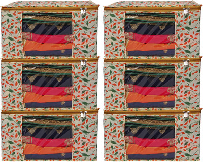 BAGS BEAUTY 6 pcs Non Woven Saree Cover/Clothes Organiser For Wardrobe Set Storage Bag with Front View Transparent Window And Zip For Lehenga, Suit, Dress, (Wedding Collection Gift) Premium Qulaity Garment Organizer Pack of 6(ORANGE GREEN)