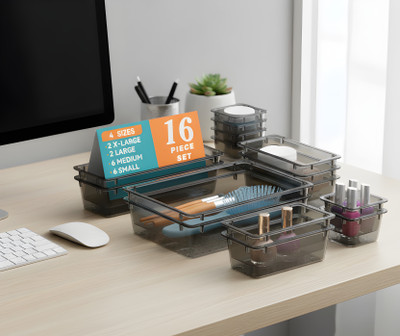 TENIDO 16 Compartments Plastic Drawer organizers, Dressing Table Organizer, Make up Organizer(Black)