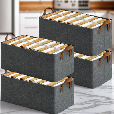 NESTIFY 26 LTR PACK OF 4 Foldable Steel Frame Clothes Organizer Storage Box for Clothes Household Wardrobe Cloth Storage Box Steel Frame Support Closet Storage Bin Cover Boxes with Handles for Wardrobe Clothes, Sarees, Bed Sheet, Blanket(Grey)