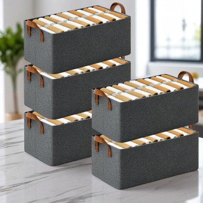 NESTIFY 26 LTR PACK OF 5 Foldable Steel Frame Clothes Organizer Storage Box for Clothes Household Wardrobe Cloth Storage Box Steel Frame Support Closet Storage Bin Cover Boxes with Handles for Wardrobe Clothes, Sarees, Bed Sheet, Blanket(Grey)