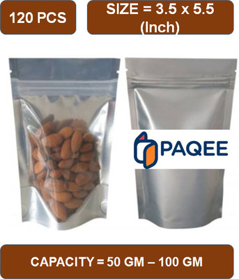 PAQEE One Side Silver, One Side Transparent Storage Pouch (Capacity- 50 - 100 Gm) Polypropylene Storage Pouch(Pack of 120)
