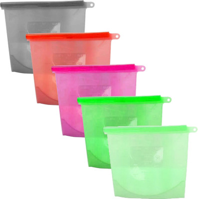 Khan Saar 1 Ltr. Reusable Food Storage Airtight Pouch Leak-Proof Bag for Veg, Fruits, Meat Silicone, Plastic Storage Pouch(Pack of 5)