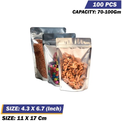 SPRINLOCK Clear Gloss Silver Stand Up Pouches with Zip Lock for | Dry Fruits | Pickles Polyester Storage Pouch(Pack of 100)