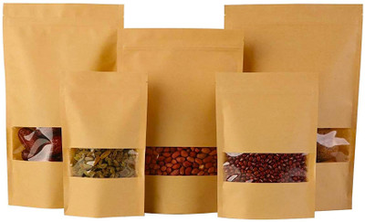 ZYGOMA Brown Kraft Paper Standup Pouches With Window,size-20.3x13cm/200gm - pack of 50 Paper Storage Pouch(Pack of 50)