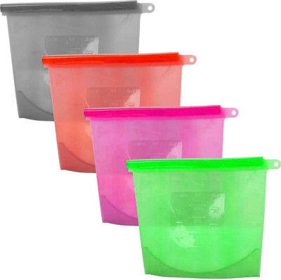 Khan Saar 1 Ltr. Reusable Food Storage Airtight Pouch Leak-Proof Bag for Veg, Fruits, Meat Silicone, Plastic Storage Pouch(Pack of 4)