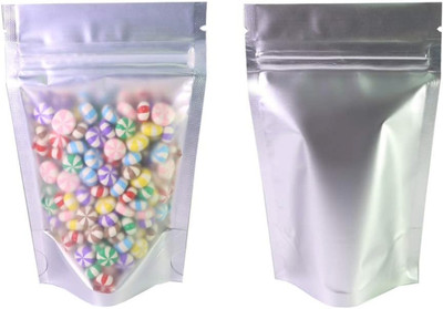 Pocheon 250 Gm Capacity - 50 Pcs Silver Transparent Reusable Stand up Zip Lock Pouch Polyester Storage Pouch(Pack of 50)
