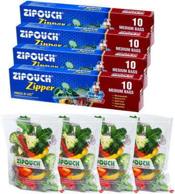 Zipouch Press-N-Loc Medium | Reusable Zip Lock Food Storage Bags |26x28cms | Plastic Storage Pouch(Pack of 4)