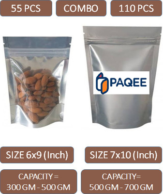 PAQEE One Side Silver Standy Zip Pouch-COMBO-Size 500Gm (55PCS) & 700Gm (110 PCS) Polypropylene Storage Pouch(Pack of 165)