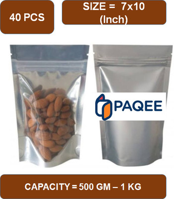 PAQEE One Side Silver One Side Transparent Standy Pouch (Capacity - 500 Gm to 750 gm) Polypropylene Storage Pouch(Pack of 40)
