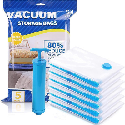 TCT 5pc Vacuum Storage Bags with Hand Pump – Heavy-Duty Space Saver Compression Bags High Volume Storage Vacuum Bags, Travel Storage Vacuum Bags(Pack of 5)