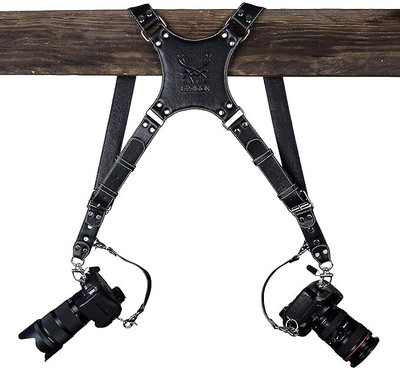 SUPERNIC Leather Dual Camera Strap with Snap Shackle Hooks Strap(Black)
