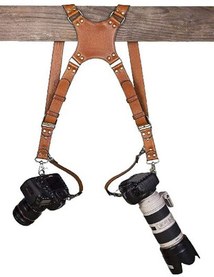 SUPERNIC Camera Strap for 2 Cameras/Dual Shoulder Leather Harness/Multi-Camera Gear Strap(Brown)