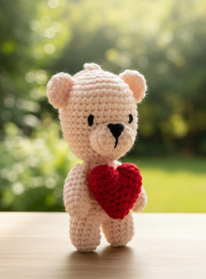 MynaMo Handmade Crochet Teddy With Heart  - 15 cm(Off White)