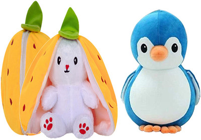 Gking Stuffed Toy Reversible Strawberry Bunny with Blue Penguine Soft Toy For Kids  - 30 cm(Multicolor)