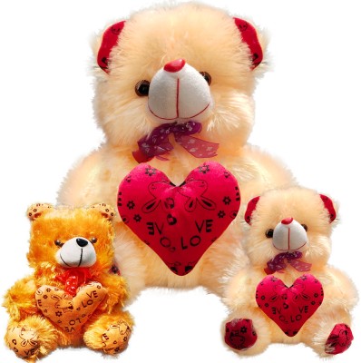 Topgrow Cream Teddy Bear with Heart (13Inch) Brown,Cream mini (6inch) Set of 3  - 13 inch(Cream)
