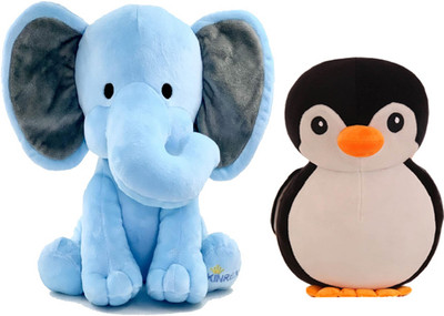 Gking Highy Quality Elephant Sitting With Cute Black Penguine Plush Soft Toy For Kids  - 30 cm(Multicolor)