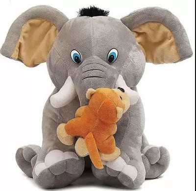 SUN AND STAR CREATIONS Baby Elephant Soft Toy with Attached Monkey  - 30 cm(gray)