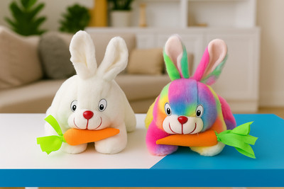 AYUSHPALENTERPRISES Soft Toy Bunny Rabbit Combo – White & Rainbow Color with Carrot – 2 Pcs  - 25 cm(Multicolor)