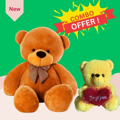 P I SOFT TOYS 3 Feet Brown Teddy Bear With Yellow Heart Teddy Bear Combo For Someone Special  - 91 cm(Multicolor)