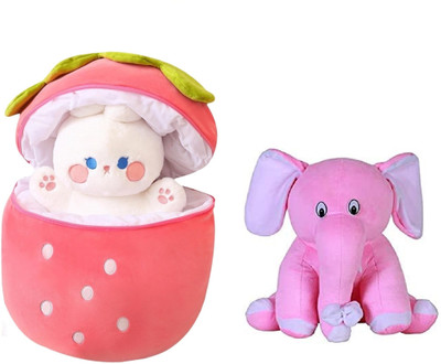 Gking Fruit Strawberry Bunny Rabbit With Pink Sitting Baby Elephant Soft Toy  - 30 cm(Multicolor, Pink)