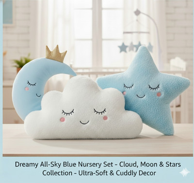Kashish Toys Dreamy Sky Blue Nursery Cushion Set – Moon, Star & Cloud Soft Toy Combo  - 6 cm(Sky Blue Star, Sky Blue Moon, White Cloud)
