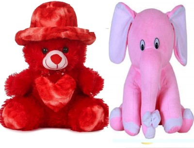 Anidhi Combo Sitting Cap Teddy Bear With Pink Elephant Soft Toy for kids girls  - 30 cm(Red)