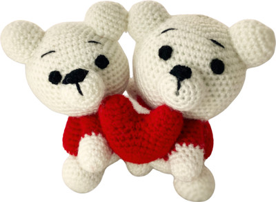 Loophoop Handmade Crochet Hugging Teddy Non-Toxic & Eco-Friendly Stuffed Toy  - 3 cm(White, Red)