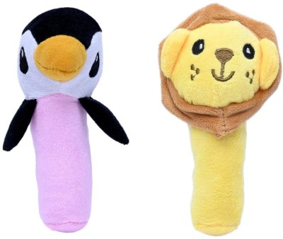 Ohhbabies Baby Soft Pink Penguin and Lion Rattling Sound Toy  - 9 cm(Multicolor)